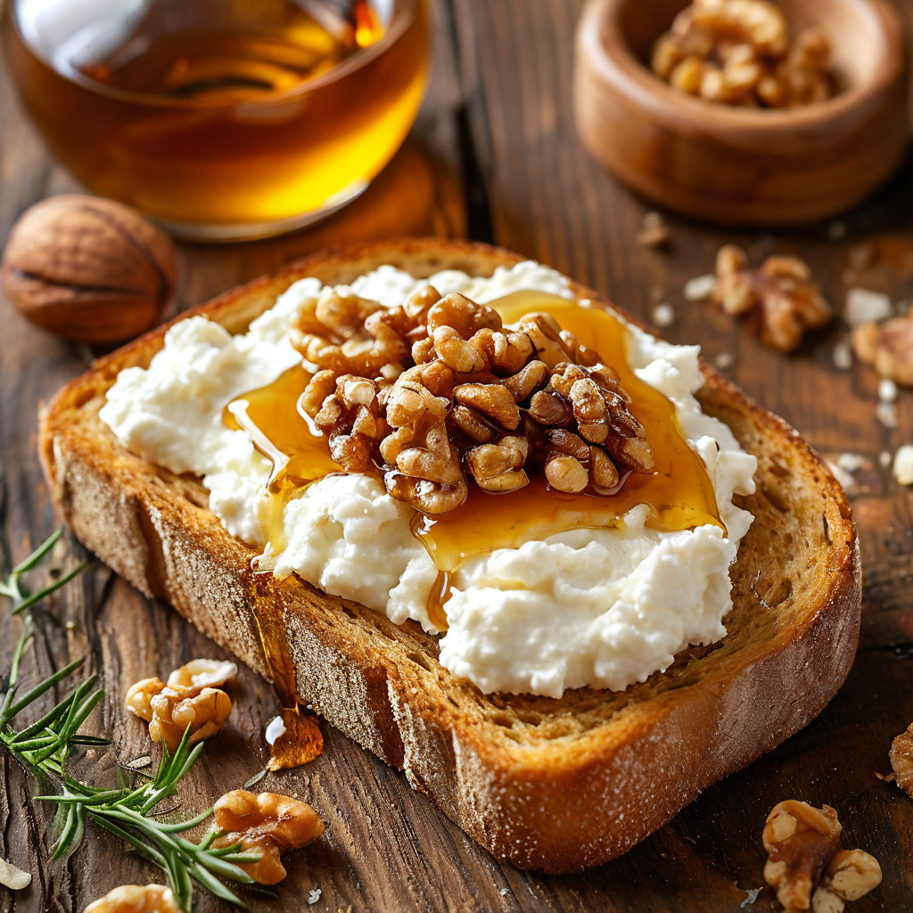 Тост с творожным сыром, мёдом и грецким орехом