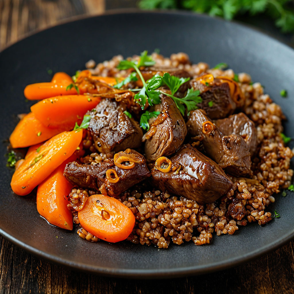 Куриная печень с луком и гречкой