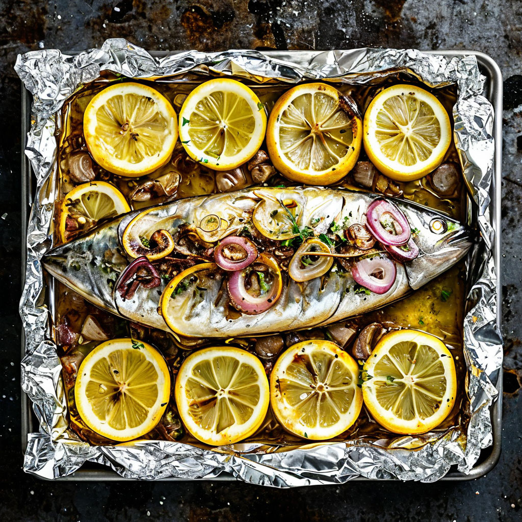 Скумбрия в фольге с лимоном и луком