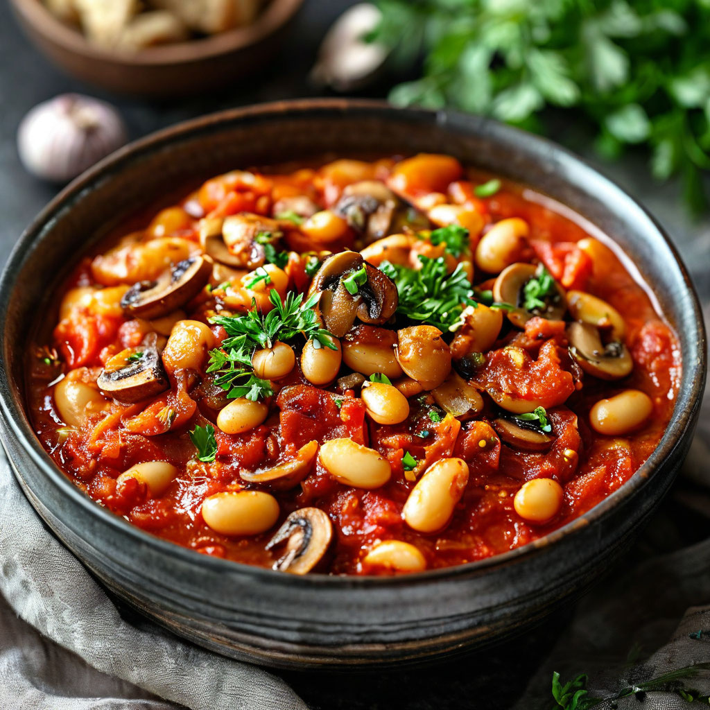 Тушёная фасоль с шампиньонами