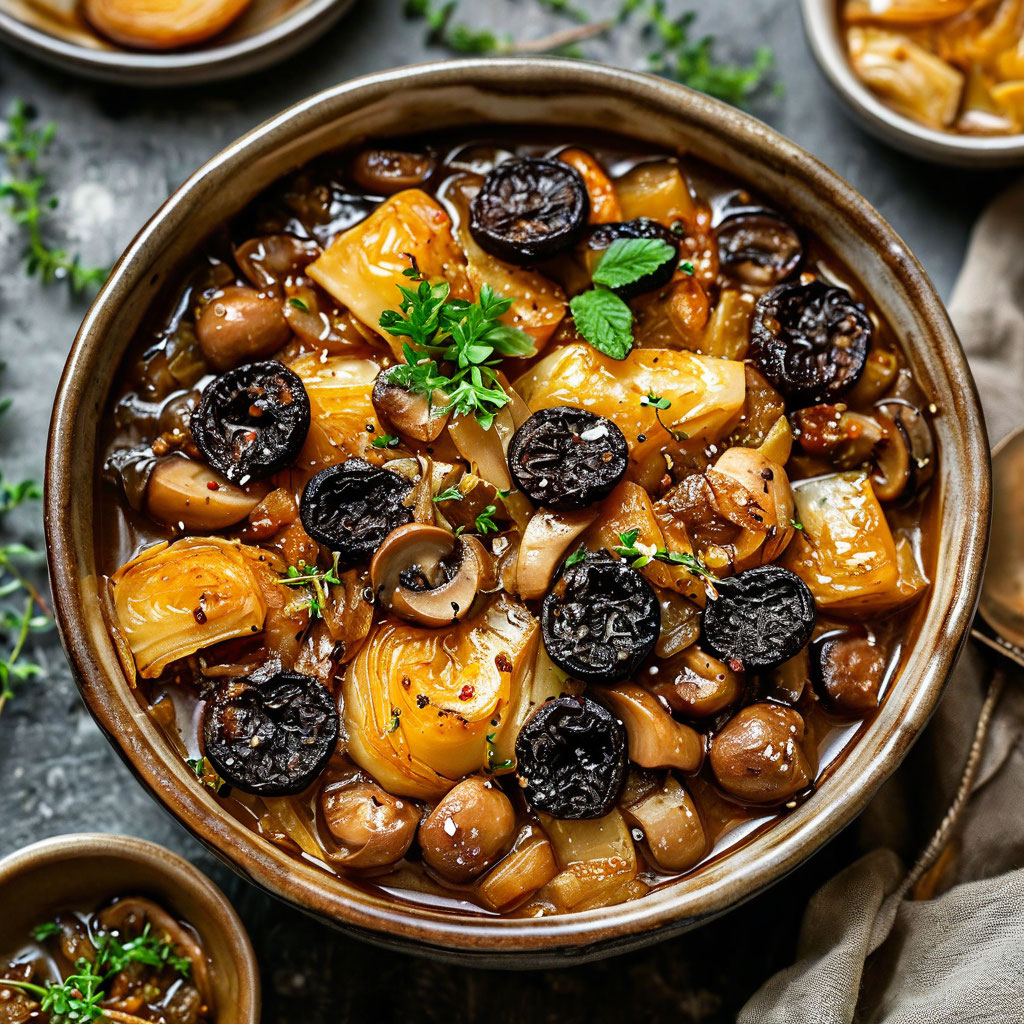 Тушёная капуста с грибами и черносливом