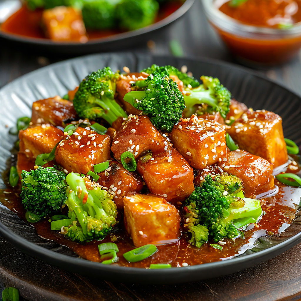Жареный тофу с брокколи в кисло-сладком соусе