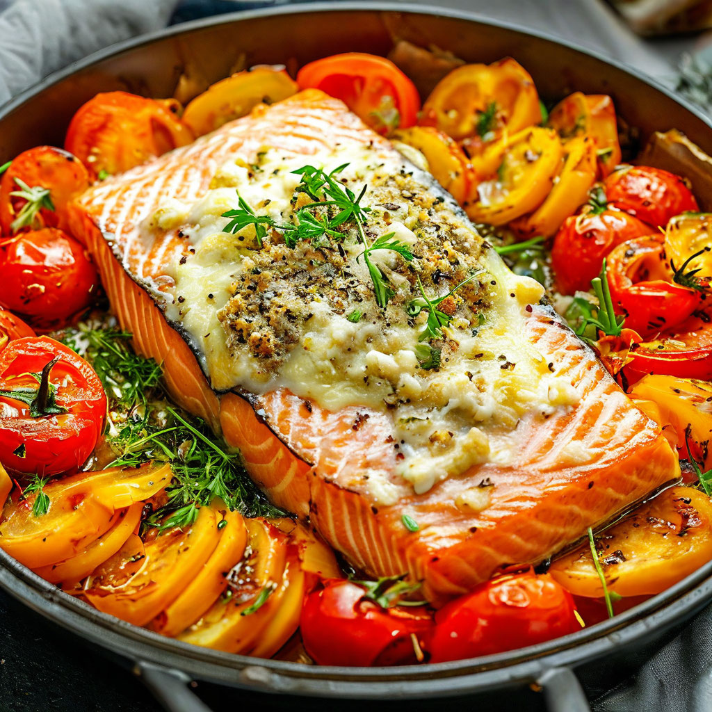 Филе лосося, запечённое с овощами и сыром