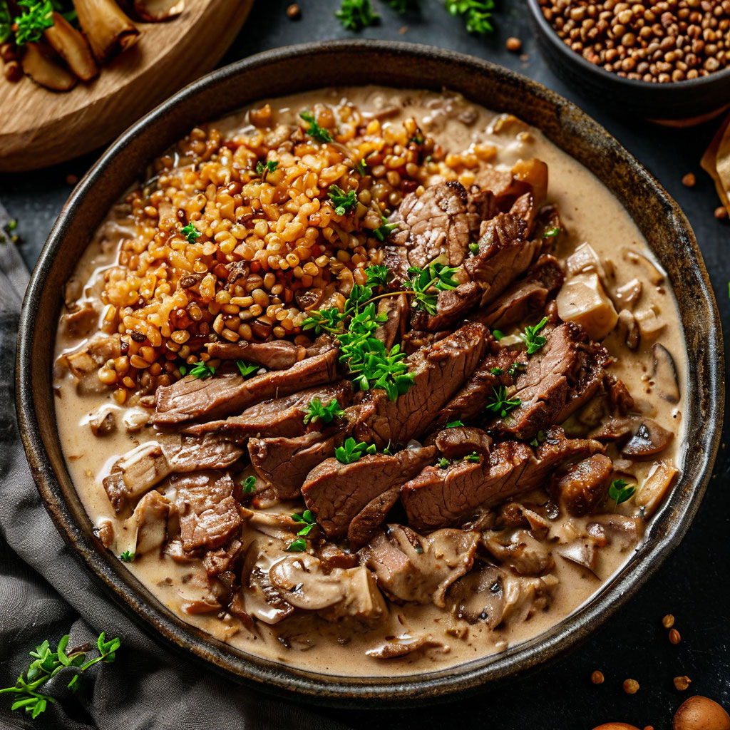 Бефстроганов из говядины со сметаной и грибами