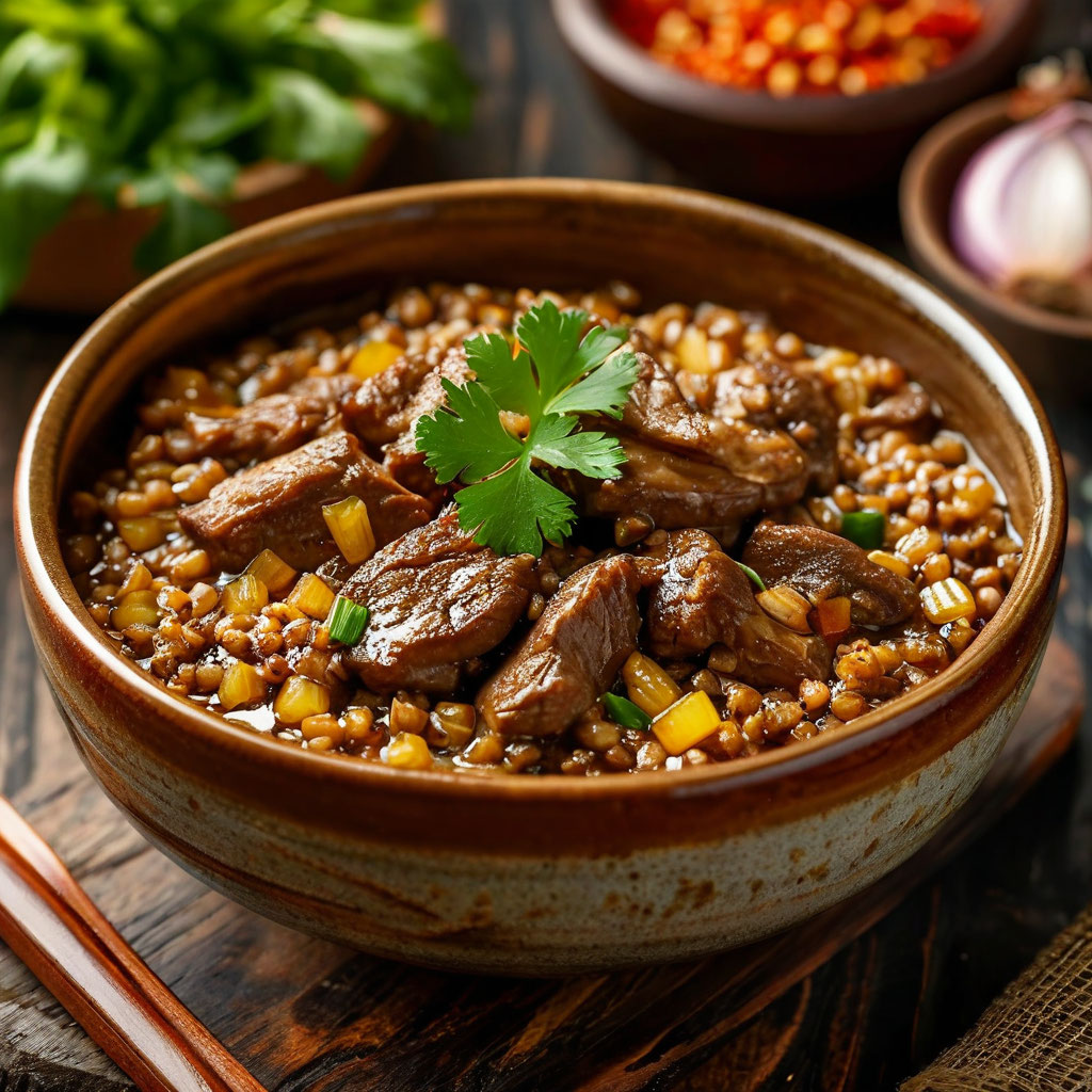 Куриная печень, тушёная в сметане, с гречкой