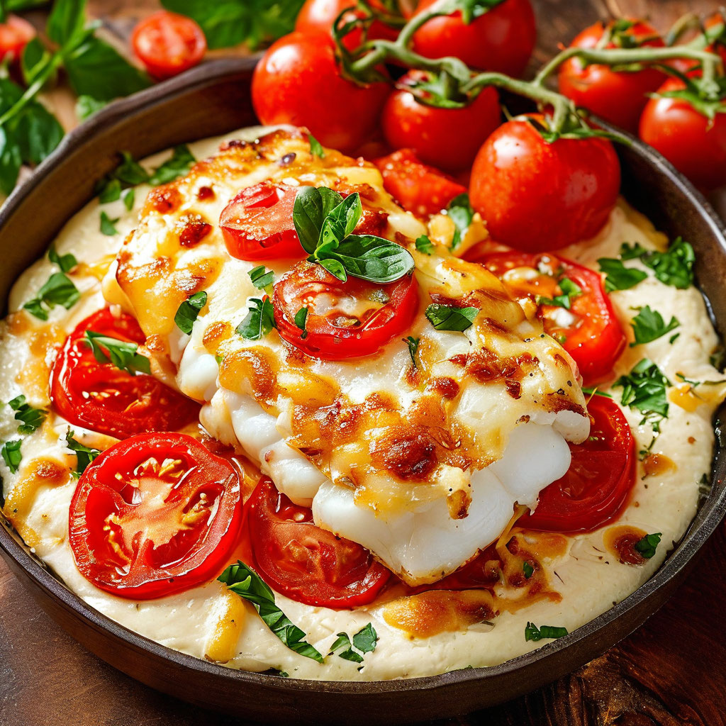 Треска, запечённая с помидорами и сыром