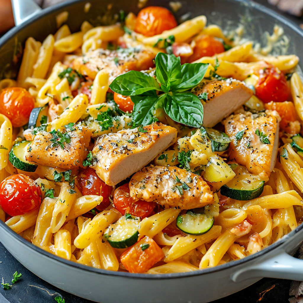 Паста с курицей и овощами в сливочном соусе