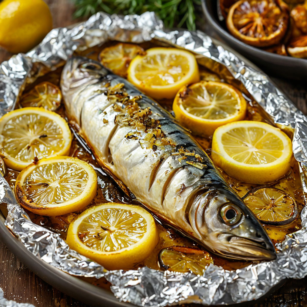 Скумбрия, запечённая в фольге с лимоном