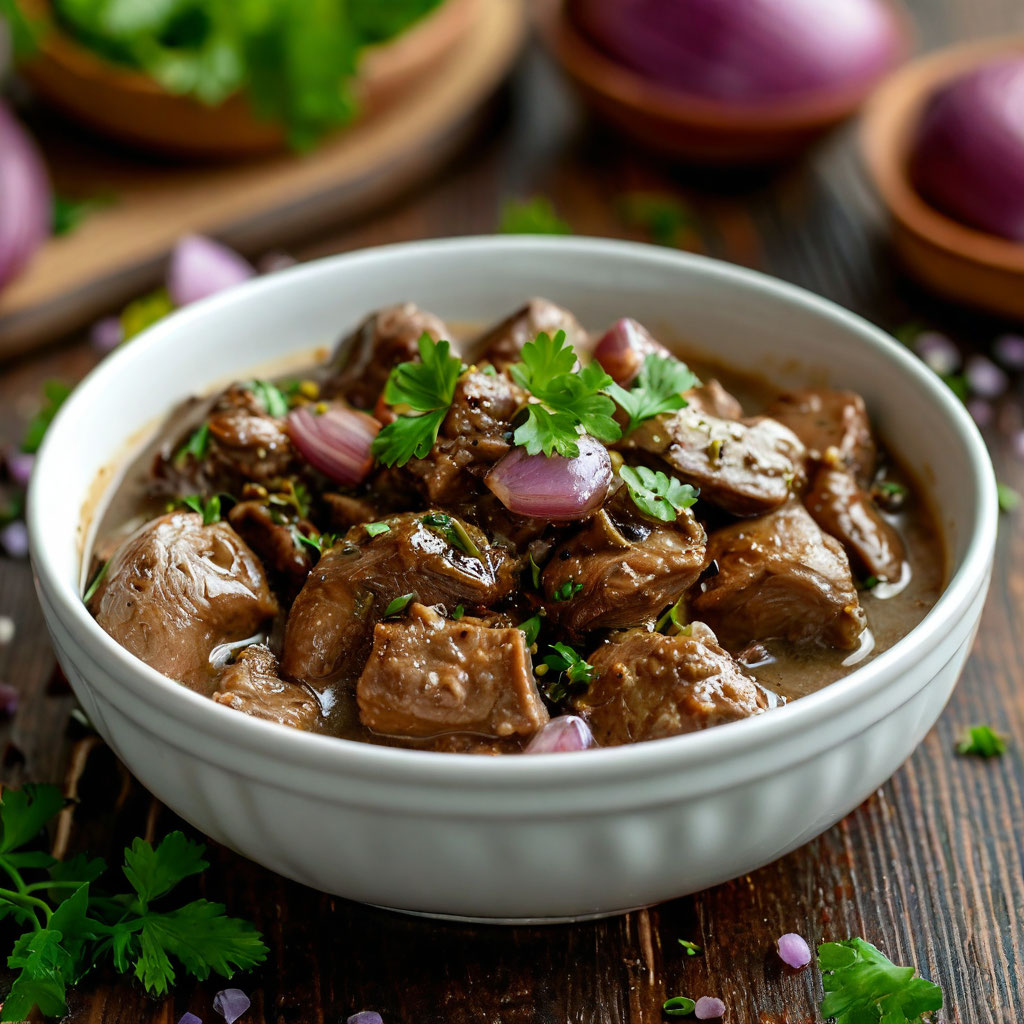Куриная печень, тушёная в сметане