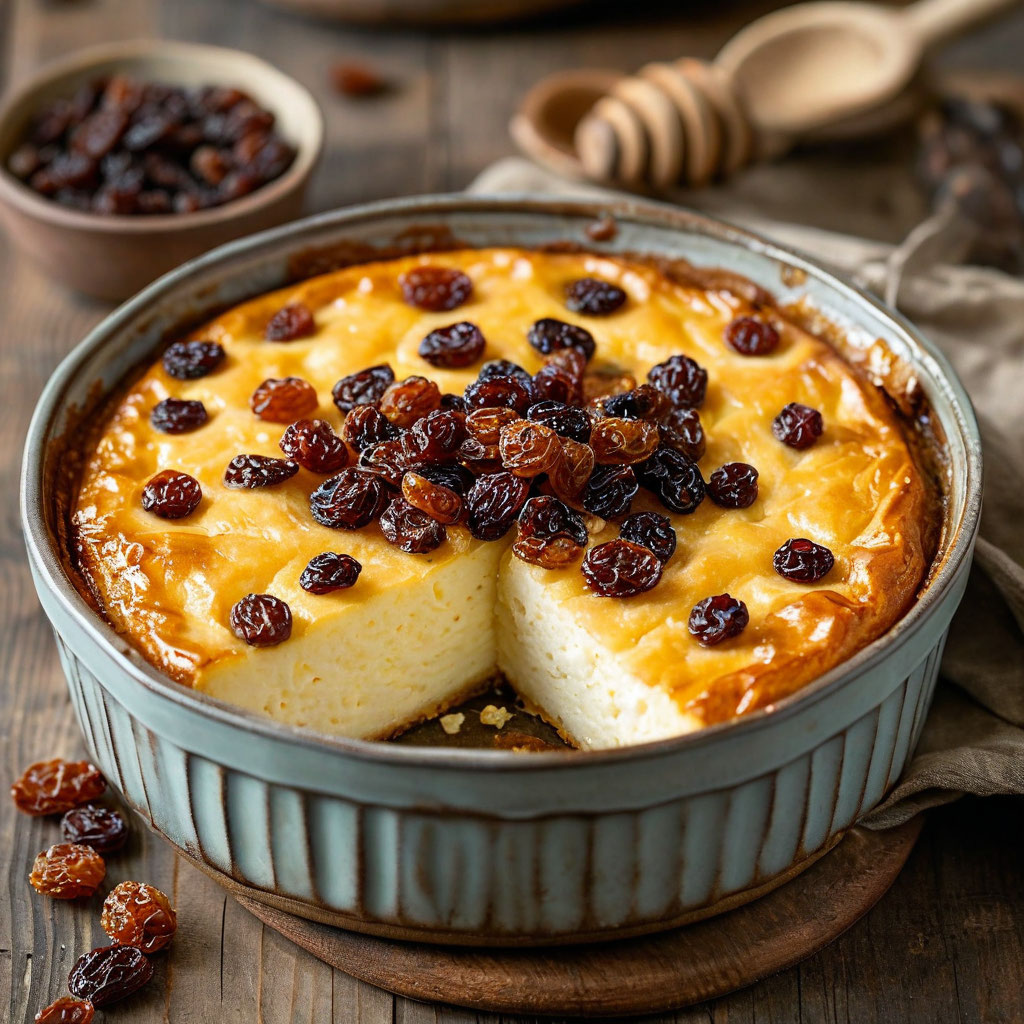 Творожная запеканка с изюмом и мёдом